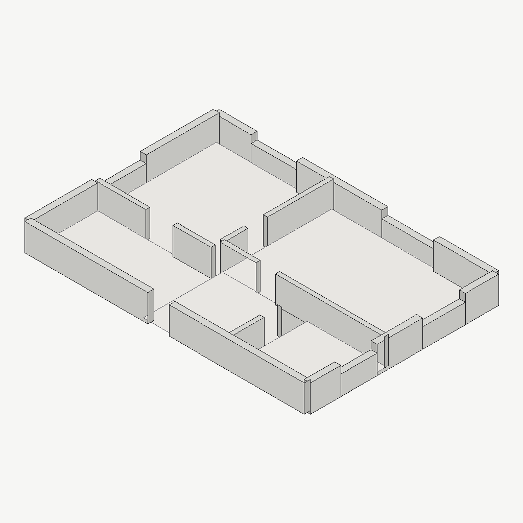 Isometric geometry constructed from the plan: extruded walls with door and window openings cut in